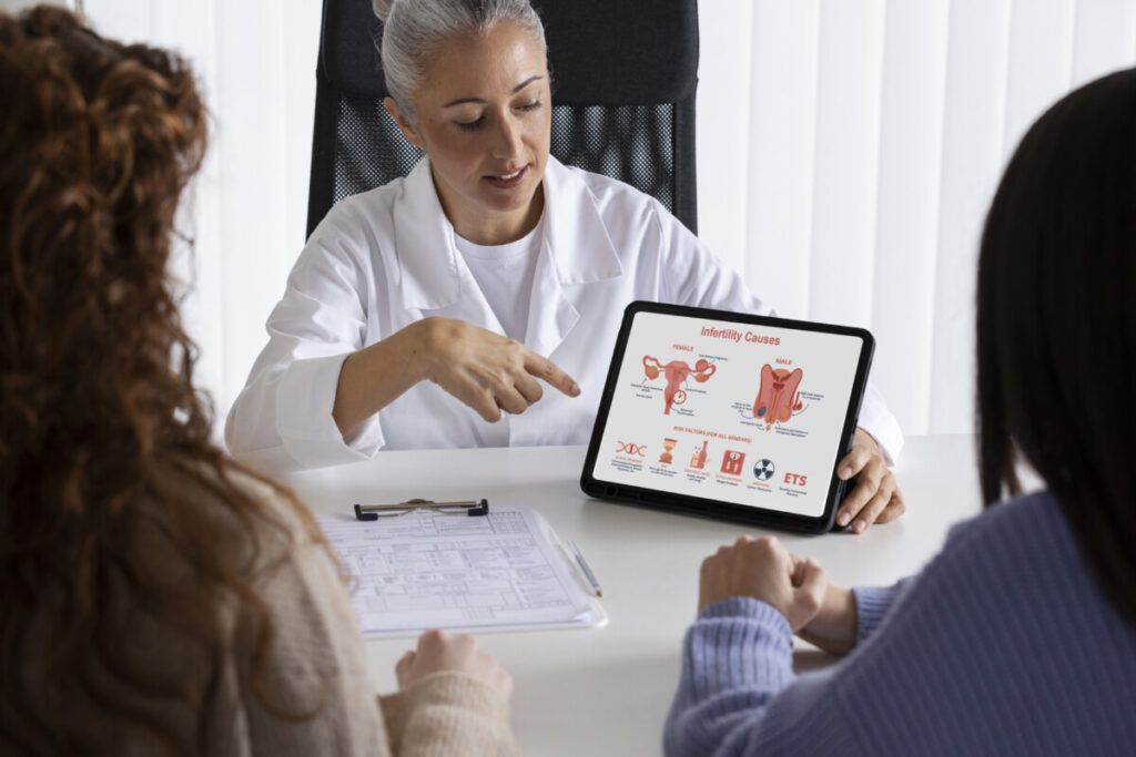 médico conversando com pacientes